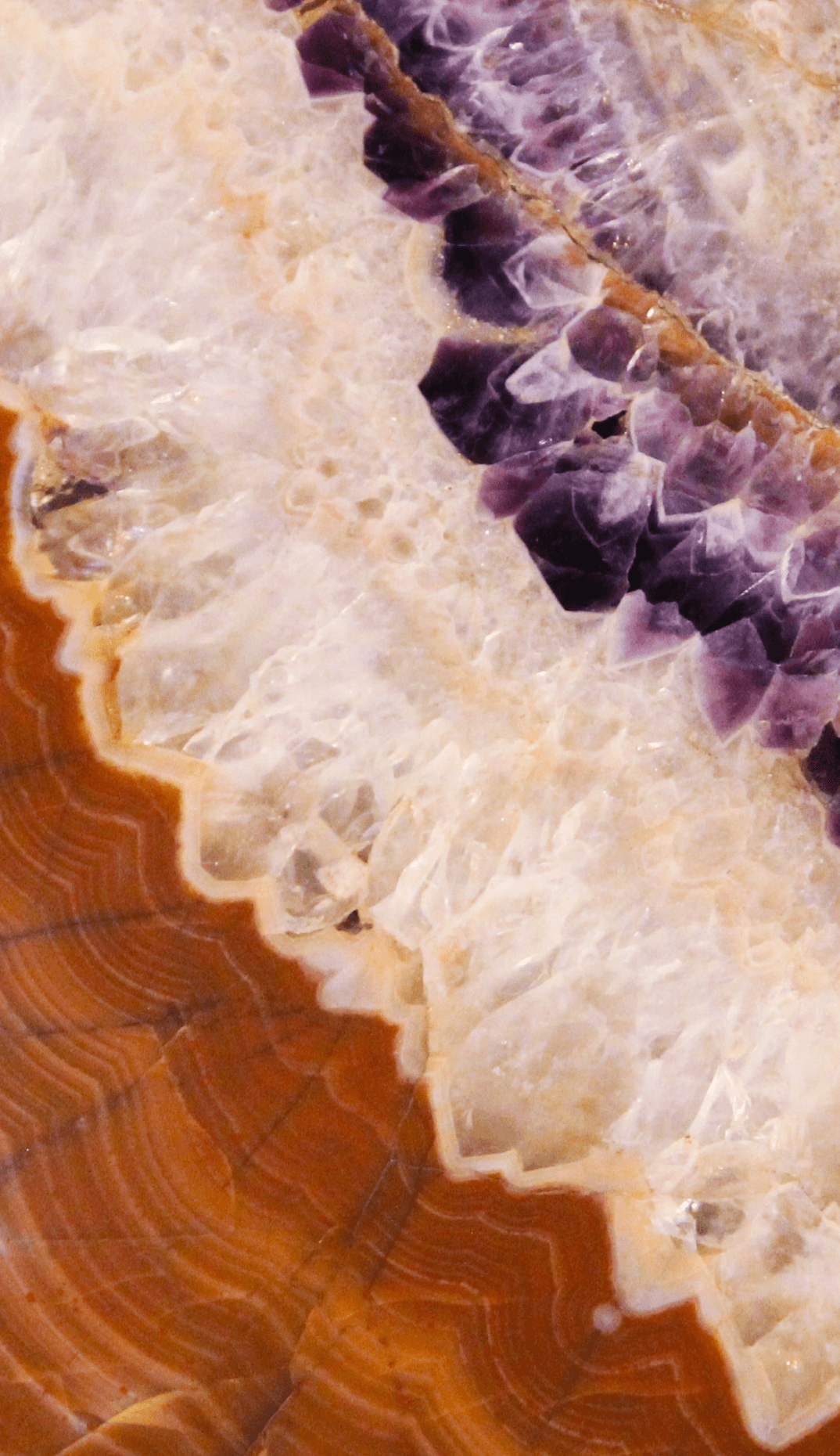 Photo de la tranche d'une améthyste aux couleurs violettes et orangées.